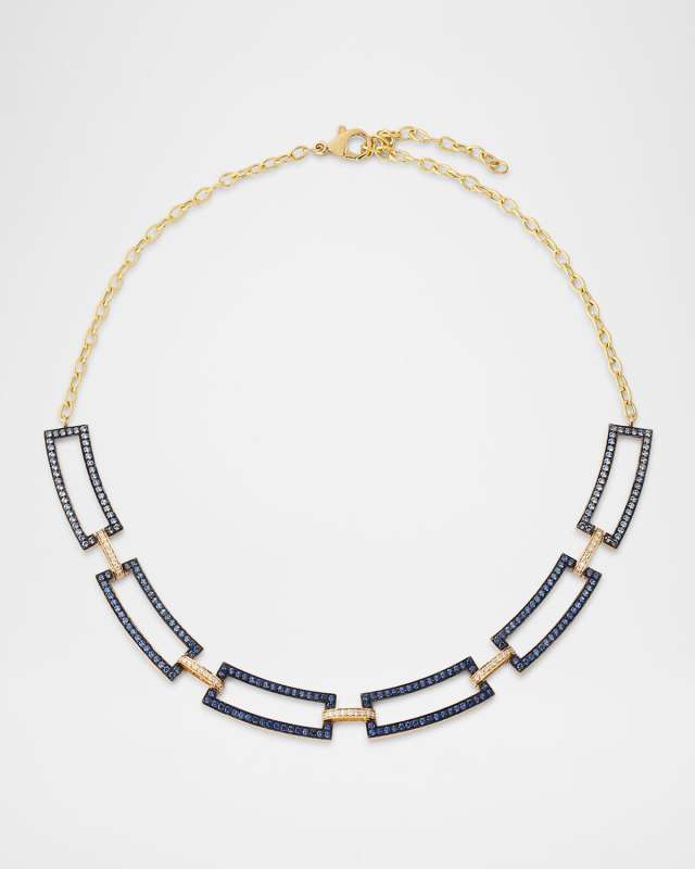 14K Yellow Gold Gradient Blue Sapphire and Diamond Link Necklace